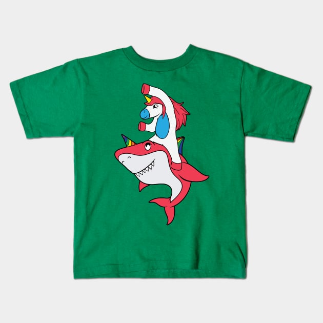 Unicorn Riding Shark Kids T-Shirt by Aratack Kinder